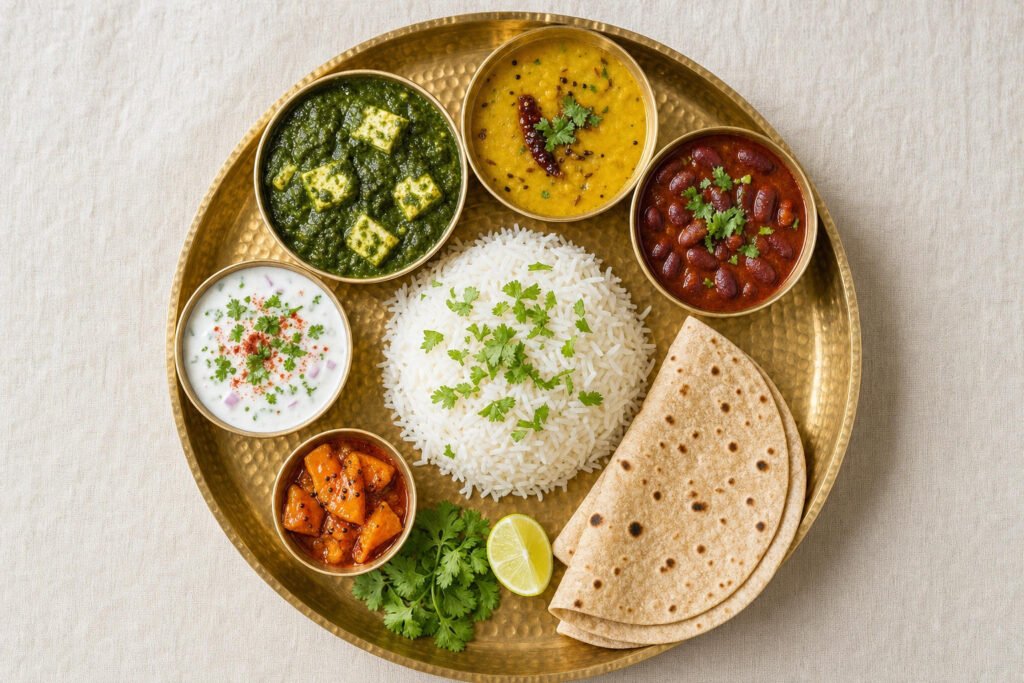 Warm home-cooked South Indian thali on brass plate with rice, dal, vegetables and roti — everyday Indian kitchen meals for diabetes reversal